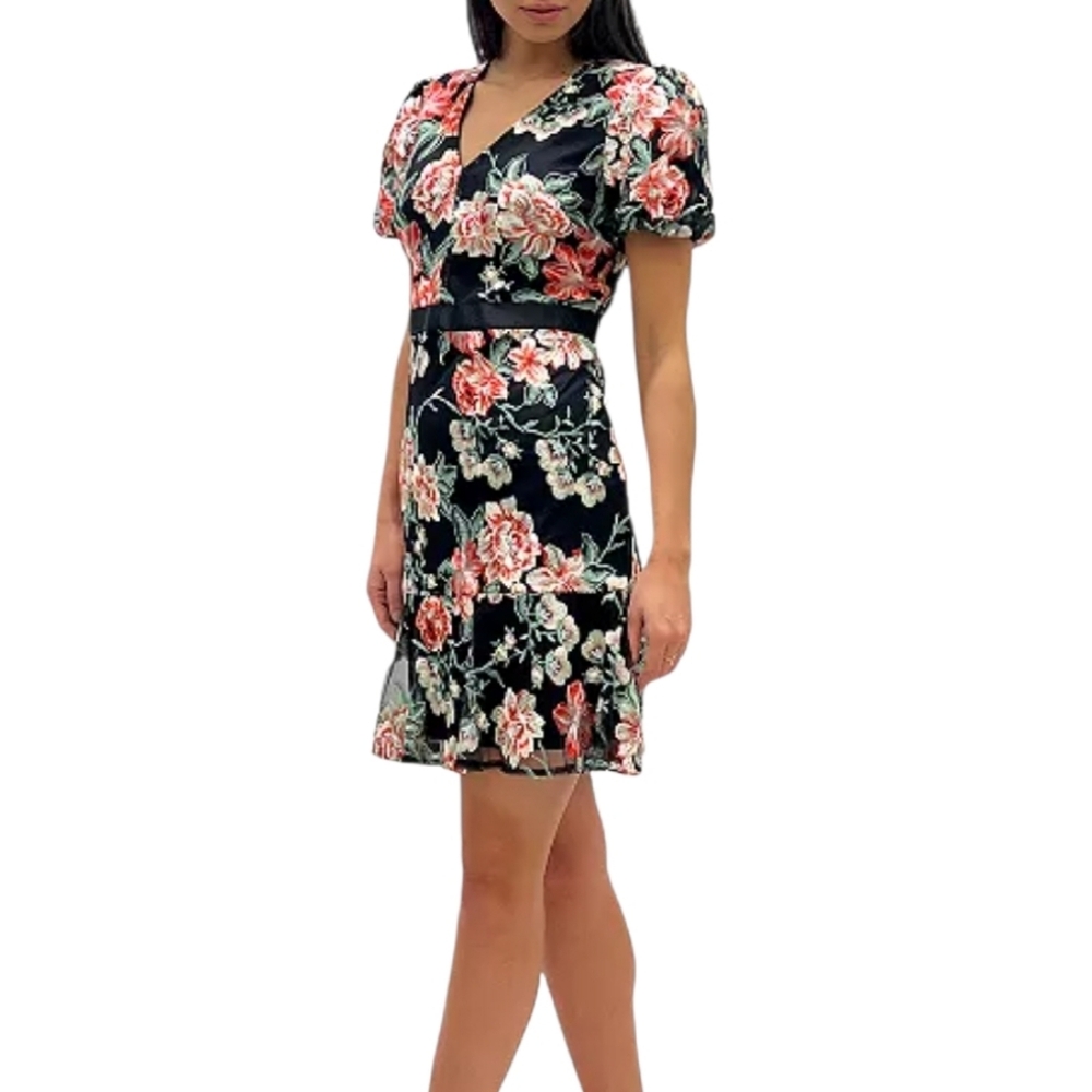 Sam Edelman Black Embroidered Floral Puff Sleeve Flounce Dress Size 8